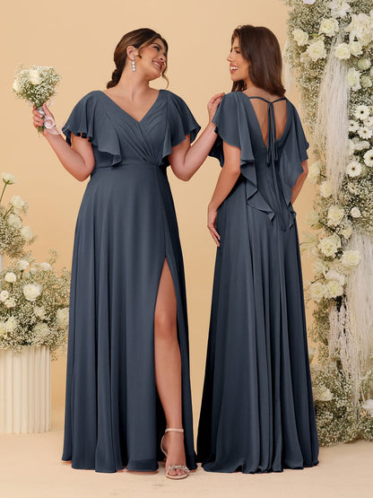 Robes de Demoiselle d'Honneur Ligne A/Princesse Col en V Manches Courtes Longueur Au Sol Plissées avec Fente Latérale