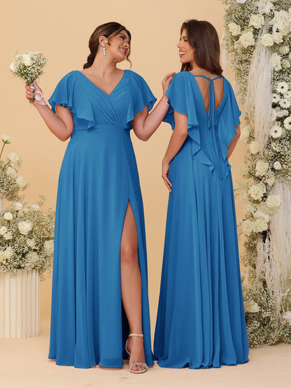 Robes de Demoiselle d'Honneur Ligne A/Princesse Col en V Manches Courtes Longueur Au Sol Plissées avec Fente Latérale