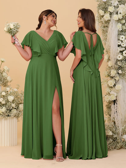 Robes de Demoiselle d'Honneur Ligne A/Princesse Col en V Manches Courtes Longueur Au Sol Plissées avec Fente Latérale