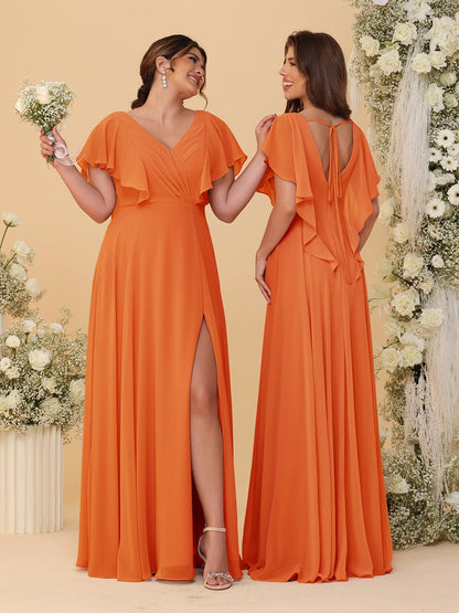Robes de Demoiselle d'Honneur Ligne A/Princesse Col en V Manches Courtes Longueur Au Sol Plissées avec Fente Latérale