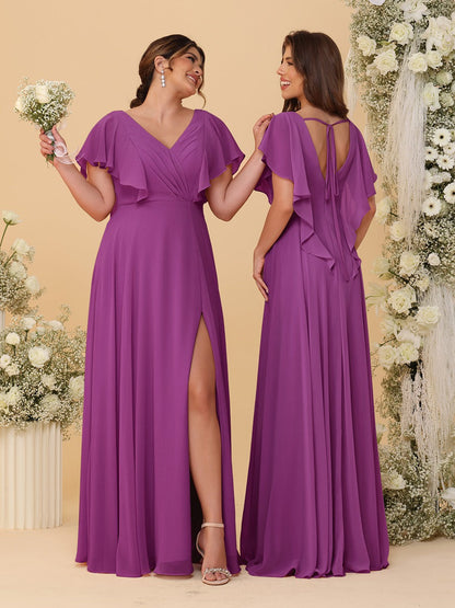 Robes de Demoiselle d'Honneur Ligne A/Princesse Col en V Manches Courtes Longueur Au Sol Plissées avec Fente Latérale
