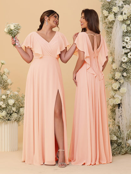 Robes de Demoiselle d'Honneur Ligne A/Princesse Col en V Manches Courtes Longueur Au Sol Plissées avec Fente Latérale