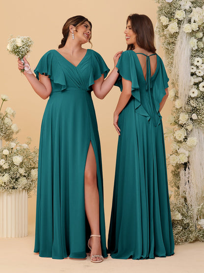 Robes de Demoiselle d'Honneur Ligne A/Princesse Col en V Manches Courtes Longueur Au Sol Plissées avec Fente Latérale