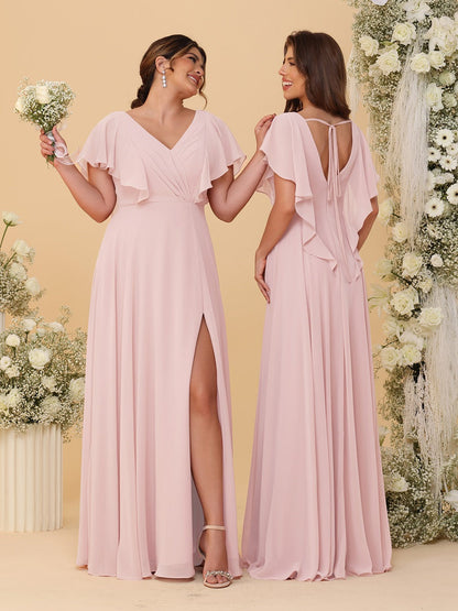 Robes de Demoiselle d'Honneur Ligne A/Princesse Col en V Manches Courtes Longueur Au Sol Plissées avec Fente Latérale