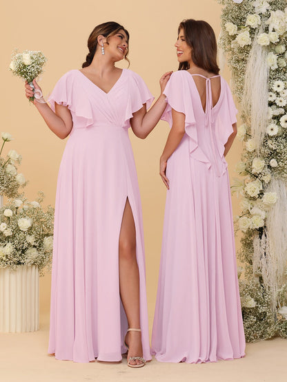 Robes de Demoiselle d'Honneur Ligne A/Princesse Col en V Manches Courtes Longueur Au Sol Plissées avec Fente Latérale
