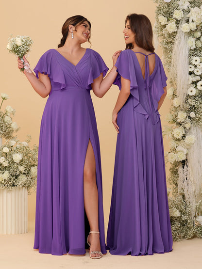 Robes de Demoiselle d'Honneur Ligne A/Princesse Col en V Manches Courtes Longueur Au Sol Plissées avec Fente Latérale