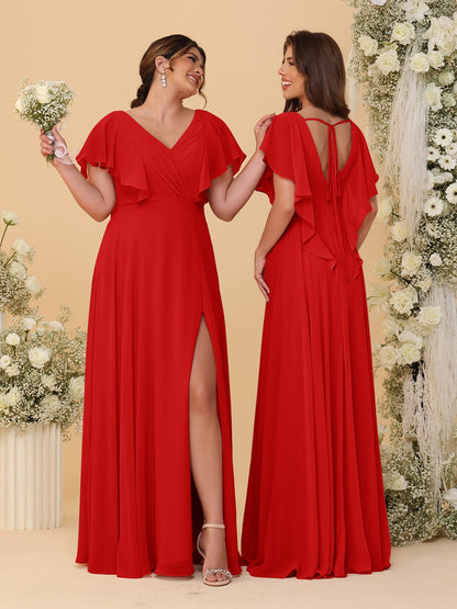 Robes de Demoiselle d'Honneur Ligne A/Princesse Col en V Manches Courtes Longueur Au Sol Plissées avec Fente Latérale