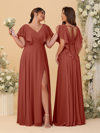 Robes de Demoiselle d'Honneur Ligne A/Princesse Col en V Manches Courtes Longueur Au Sol Plissées avec Fente Latérale