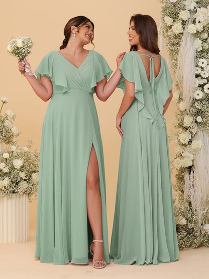 Robes de Demoiselle d'Honneur Ligne A/Princesse Col en V Manches Courtes Longueur Au Sol Plissées avec Fente Latérale