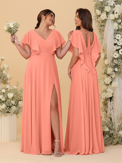 Robes de Demoiselle d'Honneur Ligne A/Princesse Col en V Manches Courtes Longueur Au Sol Plissées avec Fente Latérale
