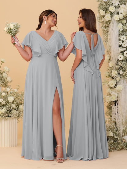 Robes de Demoiselle d'Honneur Ligne A/Princesse Col en V Manches Courtes Longueur Au Sol Plissées avec Fente Latérale