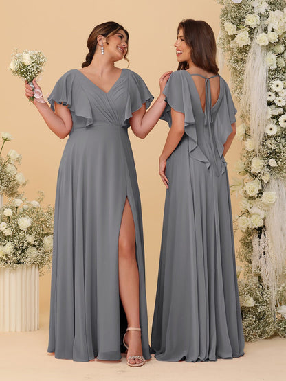 Robes de Demoiselle d'Honneur Ligne A/Princesse Col en V Manches Courtes Longueur Au Sol Plissées avec Fente Latérale