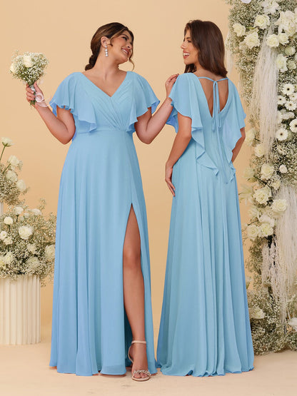 Robes de Demoiselle d'Honneur Ligne A/Princesse Col en V Manches Courtes Longueur Au Sol Plissées avec Fente Latérale
