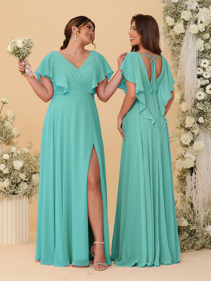 Robes de Demoiselle d'Honneur Ligne A/Princesse Col en V Manches Courtes Longueur Au Sol Plissées avec Fente Latérale