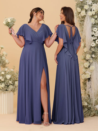 Robes de Demoiselle d'Honneur Ligne A/Princesse Col en V Manches Courtes Longueur Au Sol Plissées avec Fente Latérale