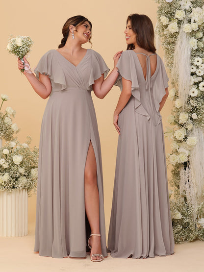 Robes de Demoiselle d'Honneur Ligne A/Princesse Col en V Manches Courtes Longueur Au Sol Plissées avec Fente Latérale