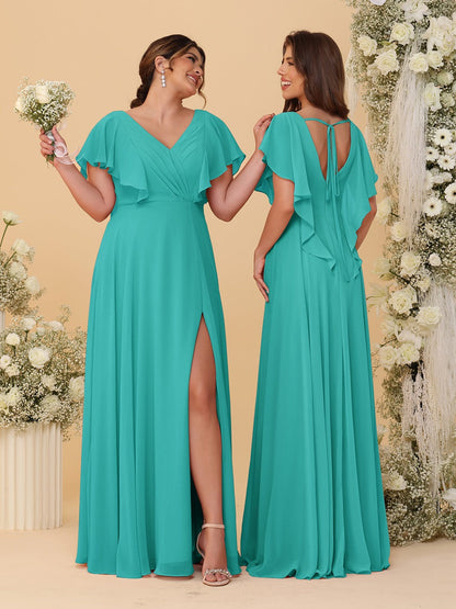 Robes de Demoiselle d'Honneur Ligne A/Princesse Col en V Manches Courtes Longueur Au Sol Plissées avec Fente Latérale