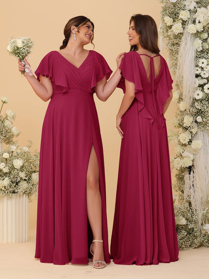 Robes de Demoiselle d'Honneur Ligne A/Princesse Col en V Manches Courtes Longueur Au Sol Plissées avec Fente Latérale