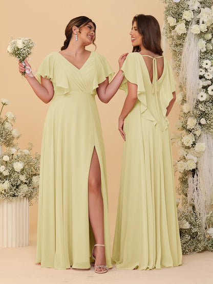 Robes de Demoiselle d'Honneur Ligne A/Princesse Col en V Manches Courtes Longueur Au Sol Plissées avec Fente Latérale