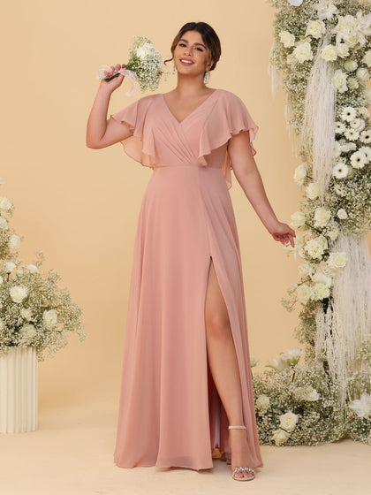 Robes de Demoiselle d'Honneur Grande Taille Ligne A/Princesse Col en V Manches Courtes Longueur Au Sol avec Fente Latérale