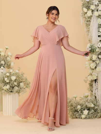Robes de Demoiselle d'Honneur Grande Taille Ligne A/Princesse Col en V Manches Courtes Longueur Au Sol avec Fente Latérale