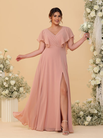 Robes de Demoiselle d'Honneur Grande Taille Ligne A/Princesse Col en V Manches Courtes Longueur Au Sol avec Fente Latérale