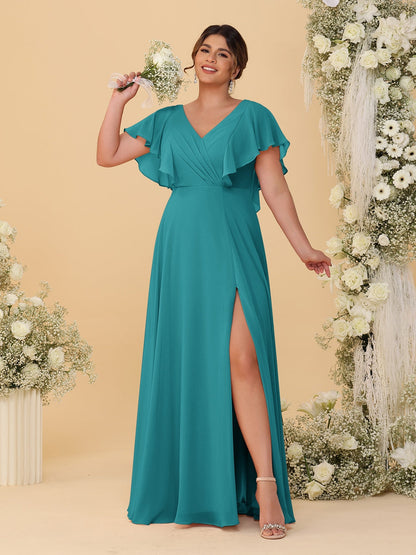 Robes de Demoiselle d'Honneur Grande Taille Ligne A/Princesse Col en V Manches Courtes Longueur Au Sol avec Fente Latérale