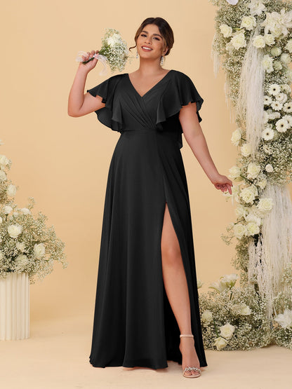 Robes de Demoiselle d'Honneur Grande Taille Ligne A/Princesse Col en V Manches Courtes Longueur Au Sol avec Fente Latérale