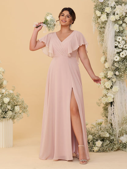 Robes de Demoiselle d'Honneur Grande Taille Ligne A/Princesse Col en V Manches Courtes Longueur Au Sol avec Fente Latérale