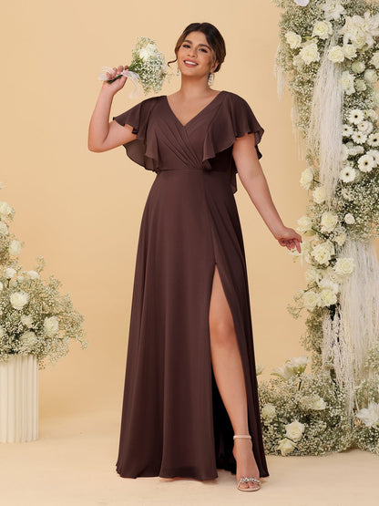Robes de Demoiselle d'Honneur Grande Taille Ligne A/Princesse Col en V Manches Courtes Longueur Au Sol avec Fente Latérale