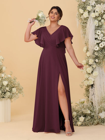 Robes de Demoiselle d'Honneur Grande Taille Ligne A/Princesse Col en V Manches Courtes Longueur Au Sol avec Fente Latérale