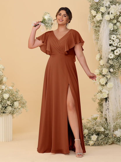 Robes de Demoiselle d'Honneur Grande Taille Ligne A/Princesse Col en V Manches Courtes Longueur Au Sol avec Fente Latérale