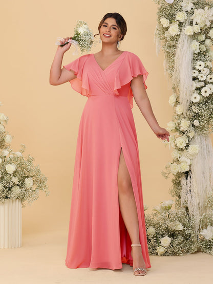 Robes de Demoiselle d'Honneur Grande Taille Ligne A/Princesse Col en V Manches Courtes Longueur Au Sol avec Fente Latérale