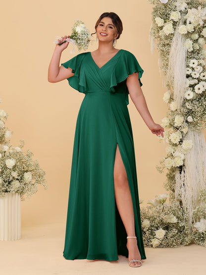 Robes de Demoiselle d'Honneur Grande Taille Ligne A/Princesse Col en V Manches Courtes Longueur Au Sol avec Fente Latérale