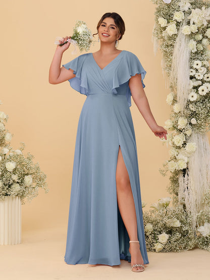 Robes de Demoiselle d'Honneur Grande Taille Ligne A/Princesse Col en V Manches Courtes Longueur Au Sol avec Fente Latérale