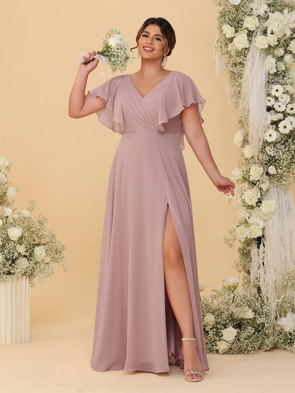 Robes de Demoiselle d'Honneur Grande Taille Ligne A/Princesse Col en V Manches Courtes Longueur Au Sol avec Fente Latérale