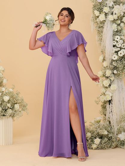 Robes de Demoiselle d'Honneur Grande Taille Ligne A/Princesse Col en V Manches Courtes Longueur Au Sol avec Fente Latérale