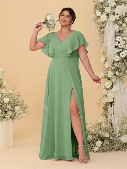 Robes de Demoiselle d'Honneur Grande Taille Ligne A/Princesse Col en V Manches Courtes Longueur Au Sol avec Fente Latérale