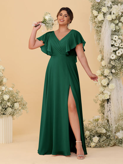Robes de Demoiselle d'Honneur Grande Taille Ligne A/Princesse Col en V Manches Courtes Longueur Au Sol avec Fente Latérale
