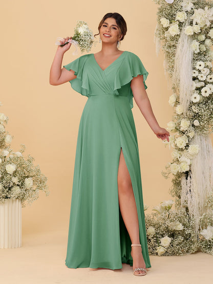 Robes de Demoiselle d'Honneur Grande Taille Ligne A/Princesse Col en V Manches Courtes Longueur Au Sol avec Fente Latérale