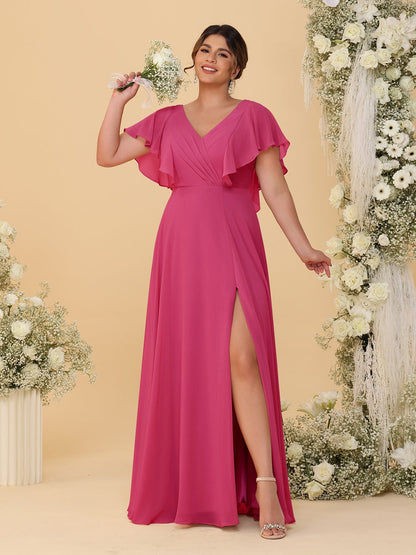 Robes de Demoiselle d'Honneur Grande Taille Ligne A/Princesse Col en V Manches Courtes Longueur Au Sol avec Fente Latérale