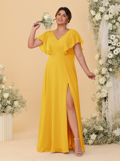 Robes de Demoiselle d'Honneur Grande Taille Ligne A/Princesse Col en V Manches Courtes Longueur Au Sol avec Fente Latérale