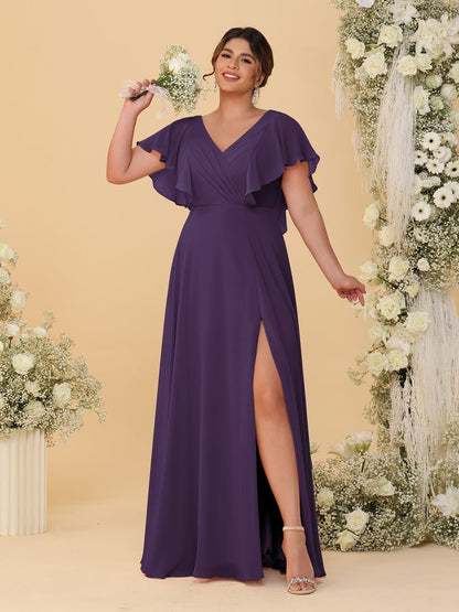 Robes de Demoiselle d'Honneur Grande Taille Ligne A/Princesse Col en V Manches Courtes Longueur Au Sol avec Fente Latérale