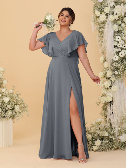 Robes de Demoiselle d'Honneur Grande Taille Ligne A/Princesse Col en V Manches Courtes Longueur Au Sol avec Fente Latérale