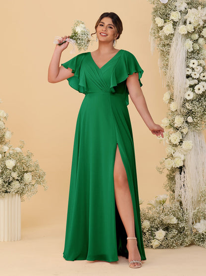 Robes de Demoiselle d'Honneur Grande Taille Ligne A/Princesse Col en V Manches Courtes Longueur Au Sol avec Fente Latérale