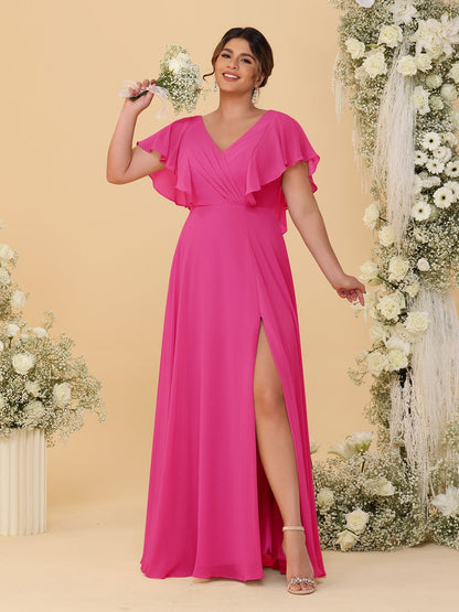 Robes de Demoiselle d'Honneur Grande Taille Ligne A/Princesse Col en V Manches Courtes Longueur Au Sol avec Fente Latérale