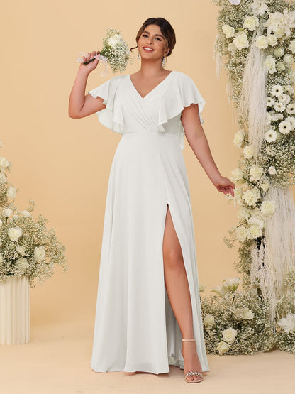 Robes de Demoiselle d'Honneur Grande Taille Ligne A/Princesse Col en V Manches Courtes Longueur Au Sol avec Fente Latérale