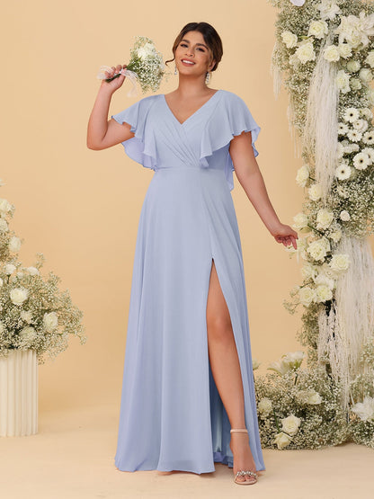 Robes de Demoiselle d'Honneur Grande Taille Ligne A/Princesse Col en V Manches Courtes Longueur Au Sol avec Fente Latérale