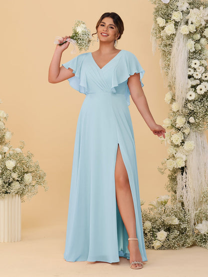Robes de Demoiselle d'Honneur Grande Taille Ligne A/Princesse Col en V Manches Courtes Longueur Au Sol avec Fente Latérale