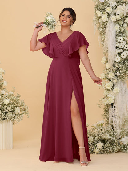 Robes de Demoiselle d'Honneur Grande Taille Ligne A/Princesse Col en V Manches Courtes Longueur Au Sol avec Fente Latérale